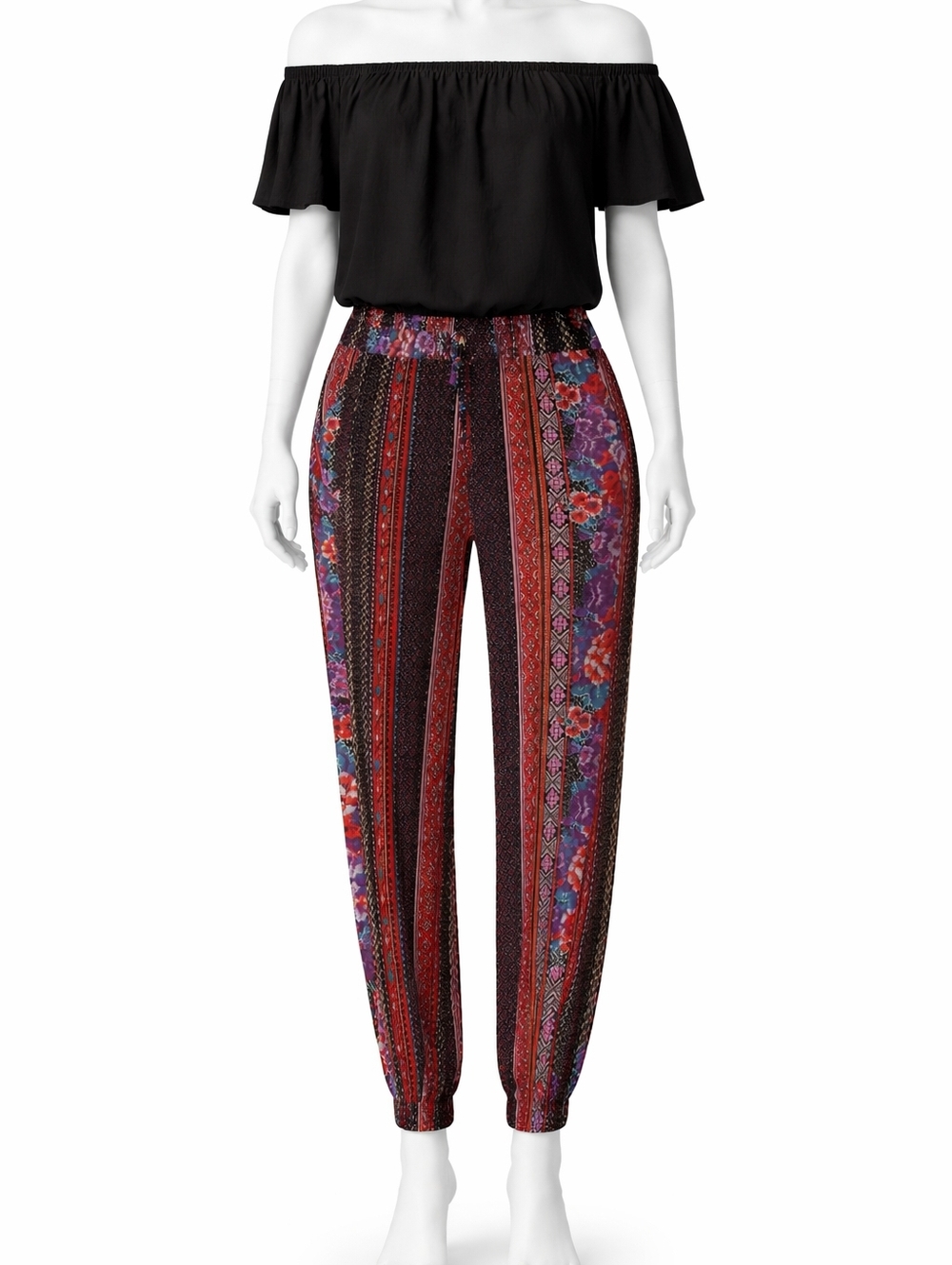 Boho Floral Stripe Pants in Black & Rust